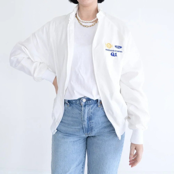 Vintage 80 King Louie Pro Fit White Ford Zip Up Hidden Hood Windbreaker Jacket M - Picture 1 of 11